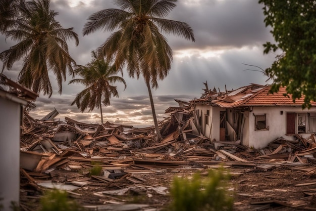 okolica i domy zniszczone przez tornado o zachodzie słońca w pobliżu ilustracji morza