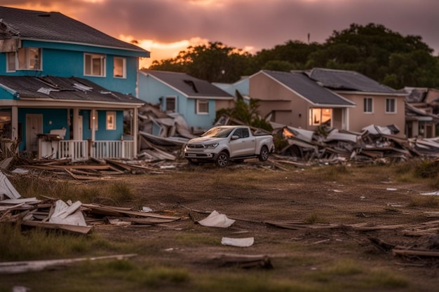 okolica i domy zniszczone przez tornado o zachodzie słońca w pobliżu ilustracji morza