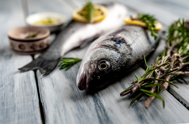 Okoń morski świeżej ryby. Dennego basu surowa ryba z składników pikantność i ziele na drewnianym tle