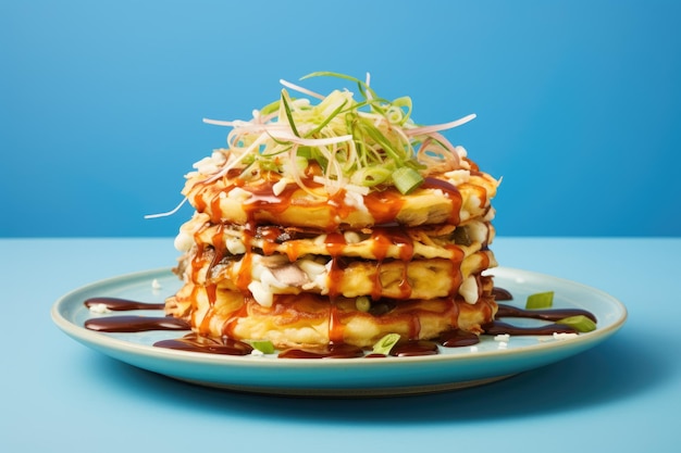 Okonomiyaki i posypane suszonymi plasterkami na niebieskim tle Japoński fast food Generative AI