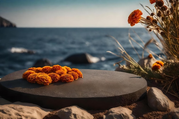Okrągła dekoracja podium kosmetycznego z czarnej skały z suszonym kwiatem nagietka nad morzem hiperrealistycznymi materiałami