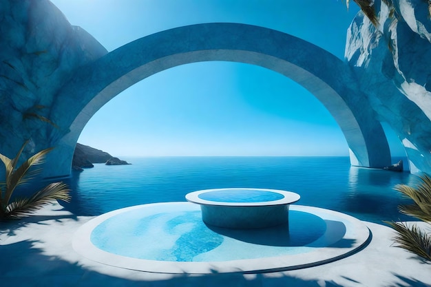 Okrągła, niebieska kamienna dekoracja podium kosmetycznego z tęczówką przy falistym oceanie hiperrealistycznych materiałów