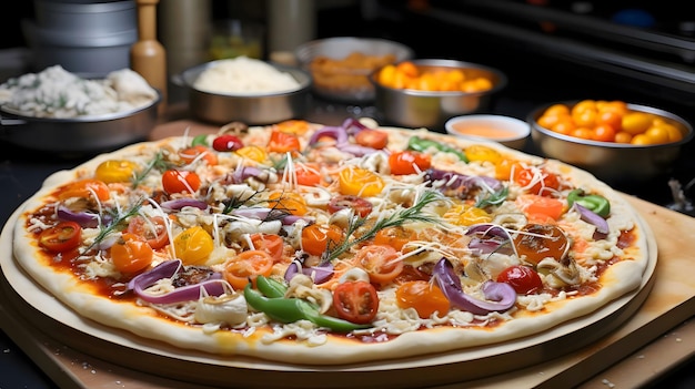 Okrągła pizza z serem, szynką, salami, pomidorami, cebulą, przyprawami na drewnianej desce kuchennej Wokół dekoracji z warzywami i przyprawami Widok z boku