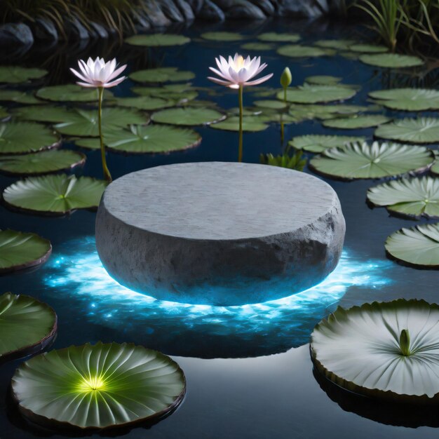 Okrągła powierzchnia szarego kamiennego podium na lilii wodnych Ai generowane