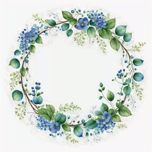Okrągła rama niebieskiego kwiatu i zielonych liści z akwarelą