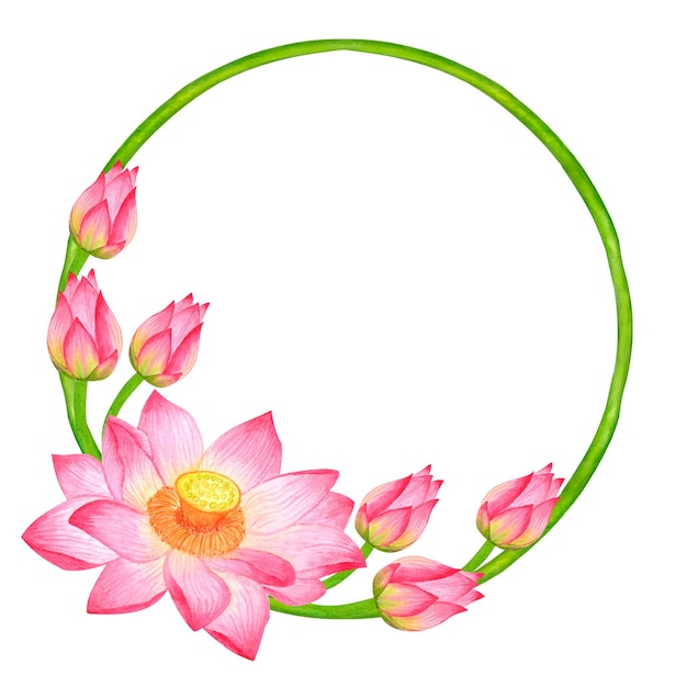 Okrągła rama wieniec pąki kwiat lotosu Tropikalna roślina Azja Handdrawn akwarela ilustracja na białym tle