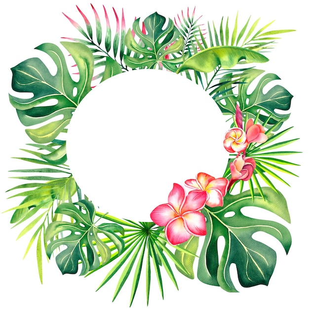 Okrągła rama wykonana z liści palmowych Plumeria Tropikalne liście Letni nastrój Akwarela ilustracja