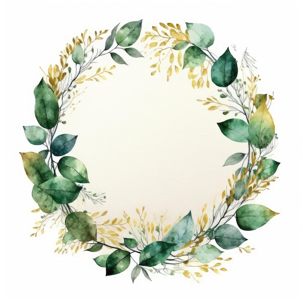 Okrągła rama ze złotych i zielonych liści z akwarelą