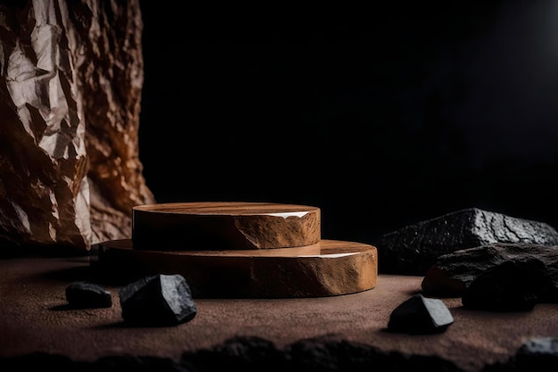 Okrągłe brązowe kamienne tło podium z czarnym turmalinem w studiu fotograficznym hiperrealistyczne materiały