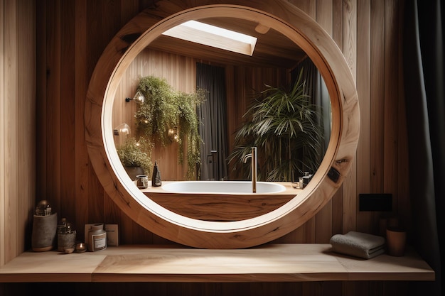Okrągłe drewniane lustro w łazience z wanną i roślinami.