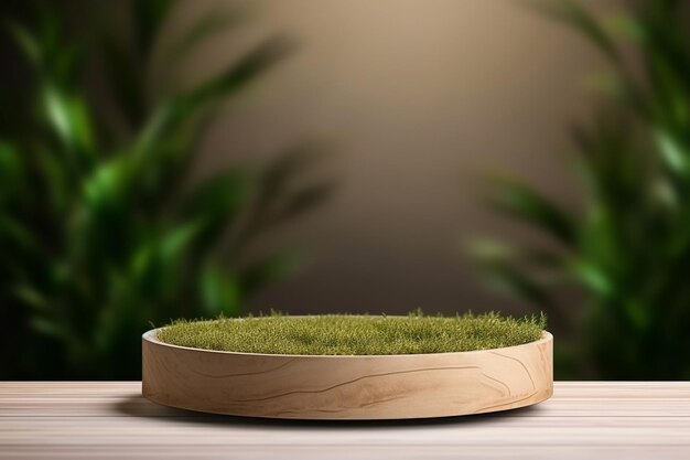 Zdjęcie okrągłe drewniane podium z trawą i roślinami w tle do ekspozycji produktów