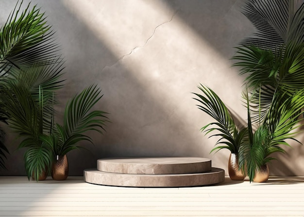 Zdjęcie okrągłe kamienne podium oświetlenie tylne cienie liście palmowe w tle podstawa do prezentacji produktu