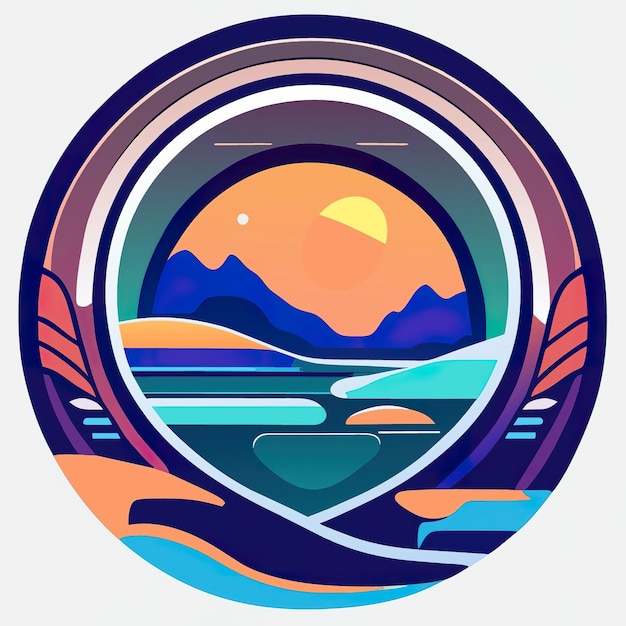 Okrągłe logo z naturą z roślinami i górami w delikatnych kolorach Generacyjna AI