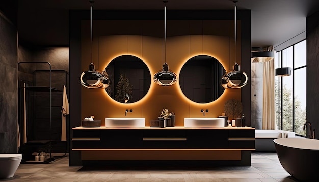 okrągłe lustra znajdują się w łazience ze złotym oświetleniem