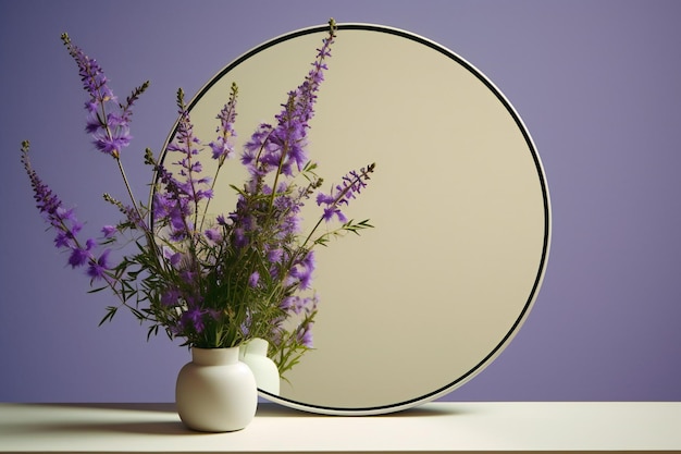 Okrągłe lustro z bukietem fioletowych kwiatów w wazonie na białym stole