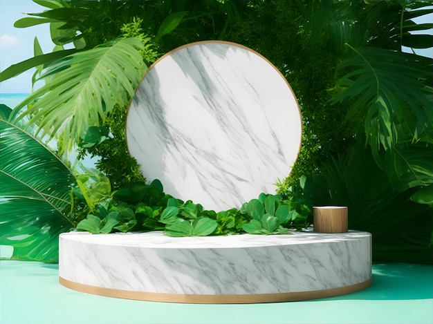 Okrągłe marmurowe podium produktu wyświetla tło roślinne Wygenerowane przez sztuczną inteligencję