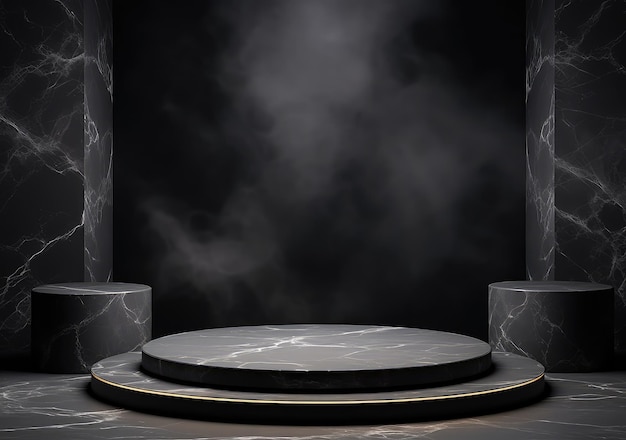 Okrągłe piedestały czarne marmurowe cylindry liści Kompozycja rzeźbiarska do kreatywnej reklamy Pusta podstawa podium do promocji produktu Luksus Czarny ciemno-złoty makiet AI Generatywny