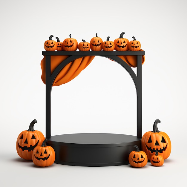 Okrągłe podium i cokół do wyświetlania produktu Motyw dyni Halloween w tle 3D renderowany baner