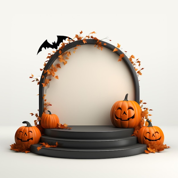 Okrągłe podium i cokół do wyświetlania produktu Motyw dyni Halloween w tle 3D renderowany baner