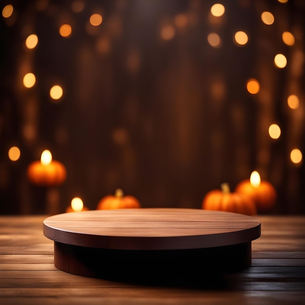 Okrągłe podium na drewnianym stole z niewyraźnym tłem Halloween Ai Generated