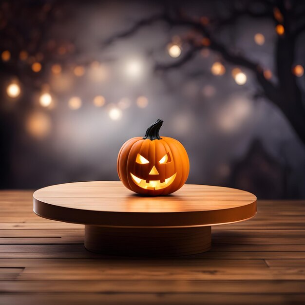 Okrągłe podium na drewnianym stole z niewyraźnym tłem Halloween Ai Generated