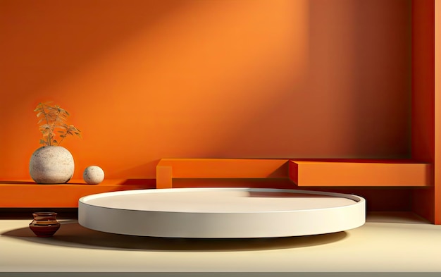 Okrągły biały talerz siedzi na białym stole w pokoju z czerwoną ścianą.
