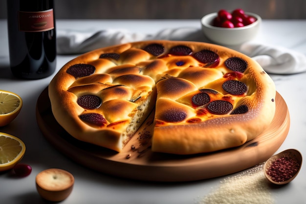 Okrągły bochenek włoskiej Focaccia z pepperoni i plasterkiem wyjętym z niego na drewnianym talerzu