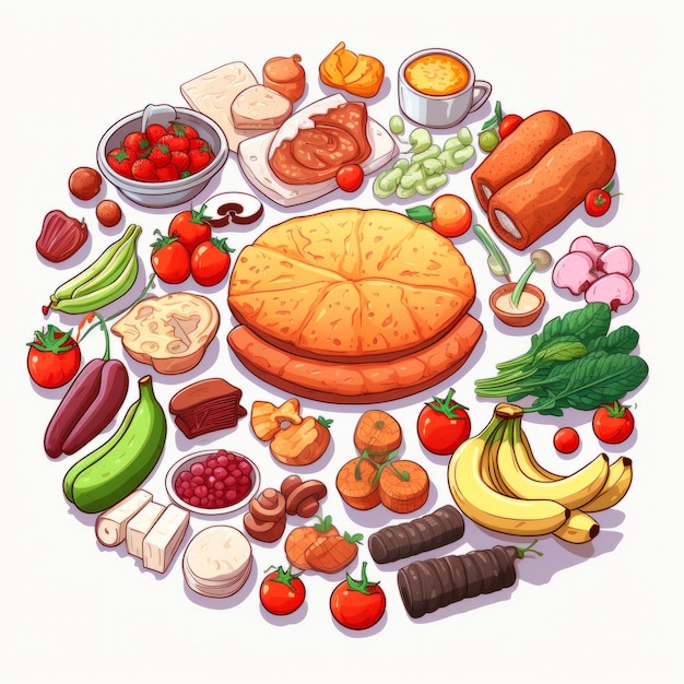 Zdjęcie okrągły chleb i talerz owocowy bezpłatna ilustracja wektorowa w stylu warstwowym