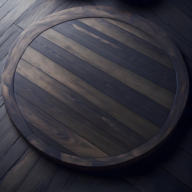 Zdjęcie okrągły, ciemny drewniany stół, widok z góry