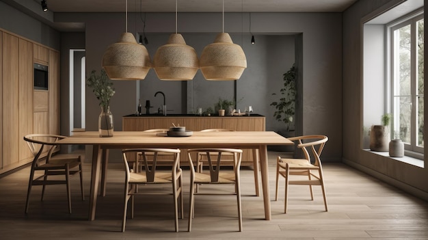 Okrągły drewniany stół jadalny i krzesła w odcieniach szarości z wystrojem stylowego nowoczesnego wnętrza makiety wygenerowanego przez Al