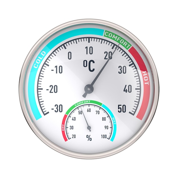 Okrągły higrometr mechaniczny na białym tle Narzędzie meteorologiczne Izolowana ilustracja 3D