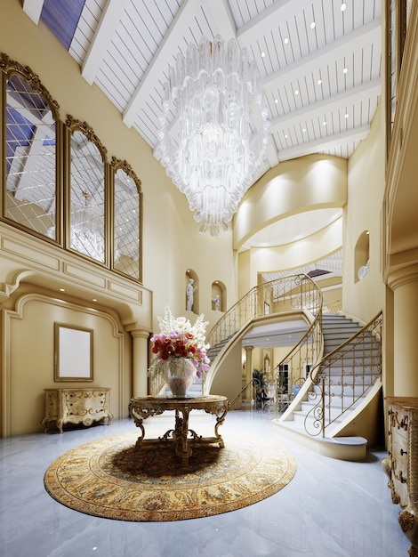 Okrągły klasyczny stół z rzeźbionym ornamentem z drogim bukietem kwiatów na okrągłym dywanie w luksusowym wnętrzu korytarza z wysokimi sufitami