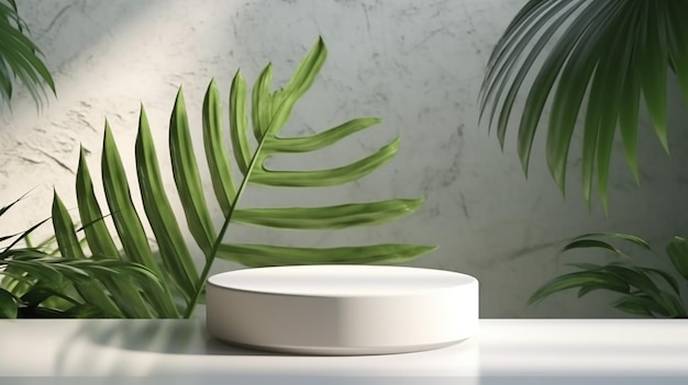 Okrągły kremowy podium zielona tropikalna palma w cieniu liścia światła słonecznego na białym stole Generative AI