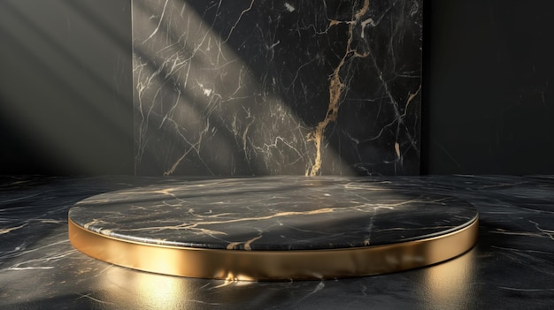 Zdjęcie okrągły marmurowy piedestal z luksusowym złotym krawędziem podkreślonym dramatycznym reflektorem na tle