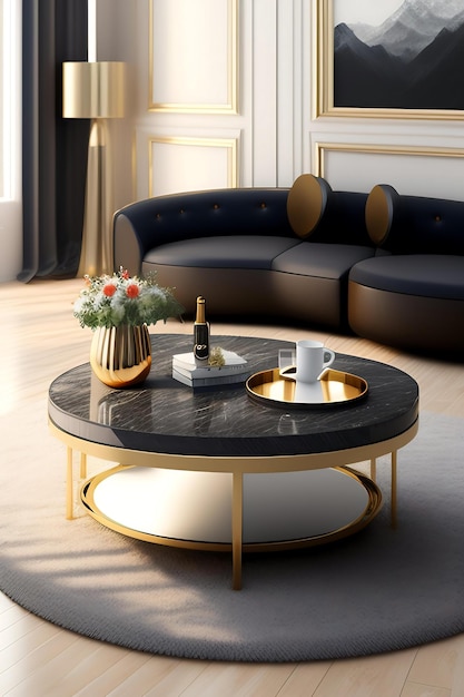 Okrągły, nowoczesny, piękny stolik kawowy z drewna słojowego, podium, stalowa noga, szara poduszka na sofę w słońcu