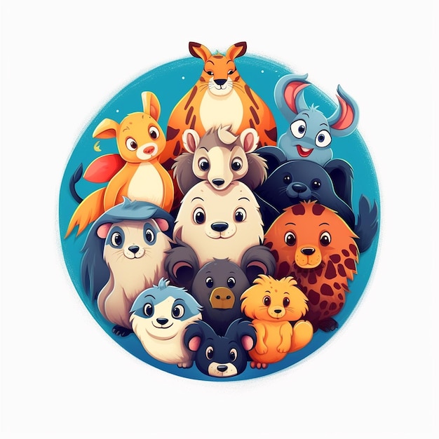 okrągły obrazek przedstawiający grupę zwierząt z napisem „dzikie zwierzęta”.