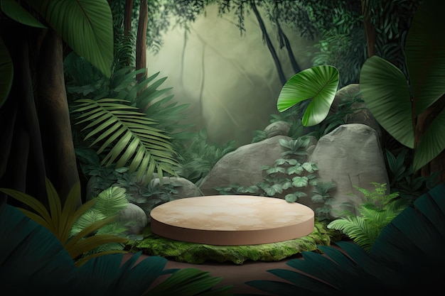 Okrągły okrągły podium platforma sceniczna natura leśna roślina drzewko wyświetlacz produktu Wykonane za pomocą Generative AI