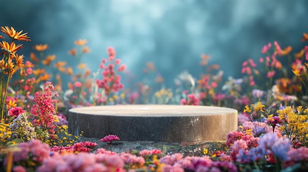 Okrągły podium w ogrodzie z kolorowymi kwiatami