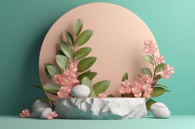 Okrągły różowo-biały talerz z kompozycją kwiatową pośrodku.