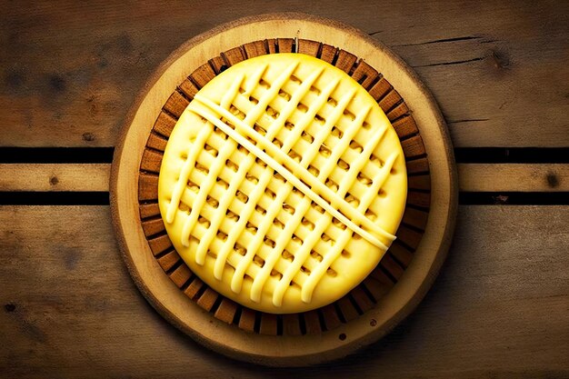 Zdjęcie okrągły ser na grillu z plecionymi brzegami ułożonymi na drewnianej desce utworzonej za pomocą generatywnej ai