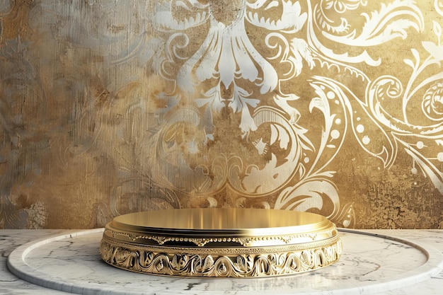 Zdjęcie okrągły stół z białego marmuru z złotą płytką