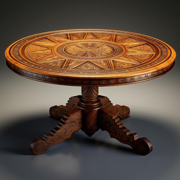 Okrągły stół z drewna w stylu irańskim w realistycznym hyperdetail renderingu