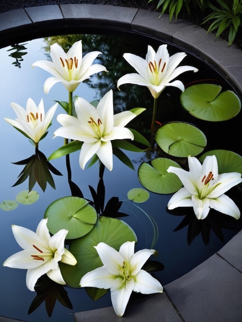 Okrągły układ białych lilii otaczający odblaskowy basen