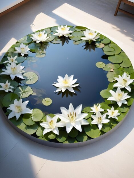 Okrągły układ białych lilii otaczający odblaskowy basen