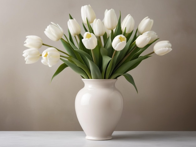 Okrągły układ białych tulipanów w starym wazonie