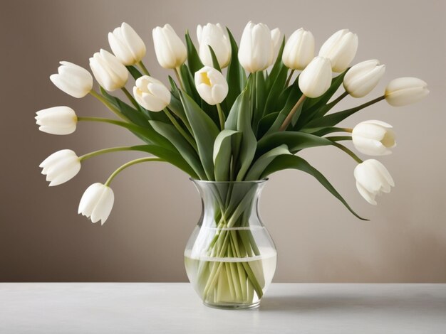 Okrągły układ białych tulipanów w starym wazonie