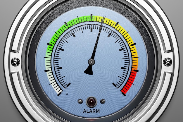 Okrągły wskaźnik z metalową ramą i wskaźnikiem alarmu Różne wskazania ilustracja 3d