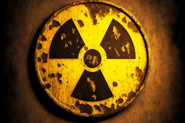 Zdjęcie okrągły żółty brązowy znak oznaczający niebezpieczeństwo z reaktora jądrowego