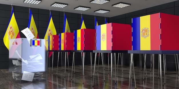 Zdjęcie okręg wyborczy w andorze z kabinami wyborczymi i urnami wyborczymi ilustracja 3d