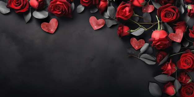 Okres walentynki z czerwonymi różami i romantycznymi motywami otaczającymi pustą przestrzeń